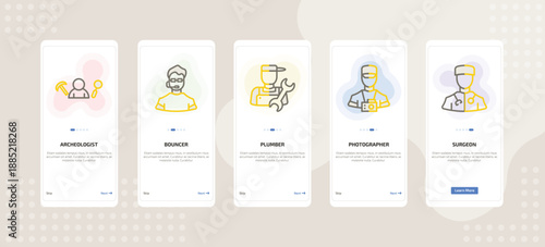 onboarding screen template for career and work mobile app ui with archeologist, bouncer, plumber, photographer, surgeon icons.