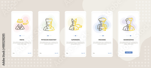 onboarding screen template for career and work mobile app ui with mafia, physician assistant, superhero, mechanic, businessman icons.