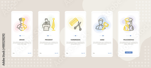 onboarding screen template for career and work mobile app ui with driver, president, hairdresser, judge, policewoman icons.