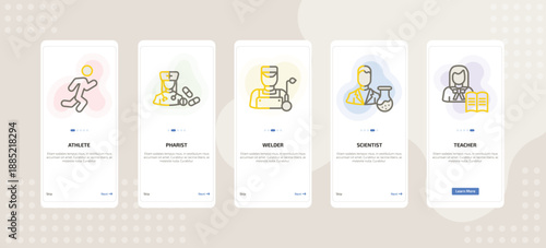 onboarding screen template for career and work mobile app ui with athlete, pharist, welder, scientist, teacher icons.
