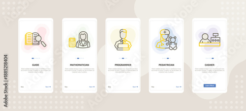 onboarding screen template for career and work mobile app ui with guide, mathematician, programmer, pediatrician, cashier icons.