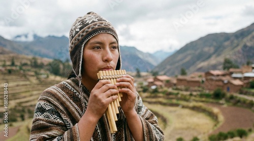 Indigenous person plays traditional pan flute music against dramatic Andean mountain backdrop