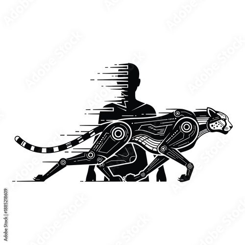 Abstract black and white representation of futuristic cyborg cheetah blending with human silhouette accelerating motion on white background