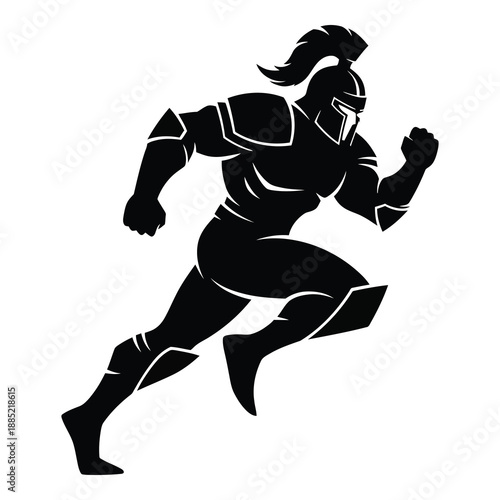 Powerful silhouette of a muscular ancient spartan warrior mascot figure sprinting forward in dynamic motion on white background