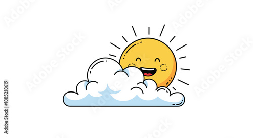 A cute and happy cartoon sun with rosy cheeks and a big smile is peeking out from behind a fluffy white and blue cloud.