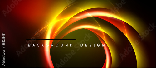 Abstract design features vibrant orange, yellow curves. Dark background emphasizes glowing concentric circles. Text reads background design.