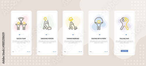 onboarding screen template for people mobile app ui with succes team, sweeping person, farmer working, playing with a rope, pulling hair icons.