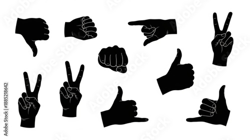 Collection of Black Hand Gestures Silhouettes Isolated on White Background.