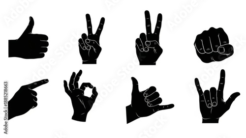 Collection of Diverse Hand Gestures Silhouettes Isolated on White Background.