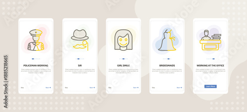 onboarding screen template for people mobile app ui with policeman working, sir, girl smile, bridesmaids, working at the office icons.
