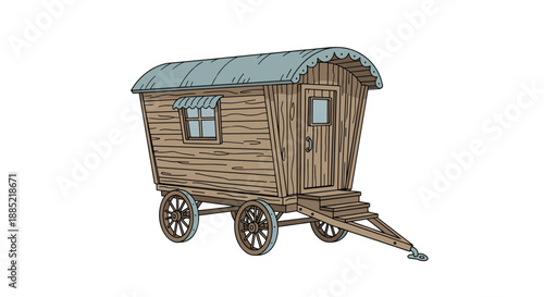 A colored cartoon illustration of a vintage wooden gypsy caravan or vardo with a curved roof a small window and entry steps.