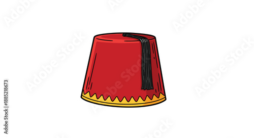 A classic red fez hat with a black tassel and a gold zigzag pattern on the bottom is depicted in a colorful cartoon style.