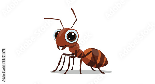 A cute and curious brown cartoon ant with very large expressive eyes is shown standing on a clean white isolated background.