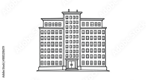 A black and white line art illustration of a tall multi-story apartment building or office block with many windows and a grand entrance.