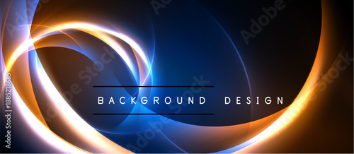 Abstract design features vibrant orange, blue curves. Dark background enhances luminosity, creating dynamic visual effect. Text reads background design.