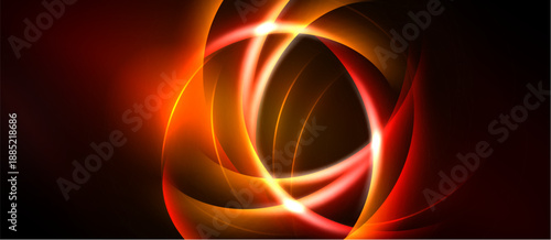 Abstract swirling lights create dynamic energy. Warm colors dominate, suggesting heat, motion, power. Brightness contrasts against dark background.