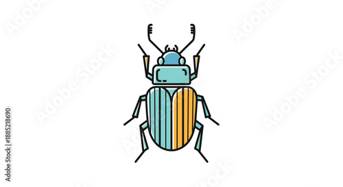A colorful and geometric line art icon of a stag beetle with blue and yellow striped wing covers on a white background.