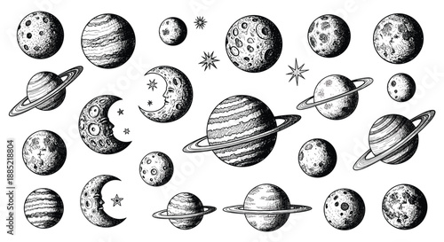 Hand-drawn collection of celestial bodies including planets moons and stars in a detailed black and white vintage engraving sketch style.