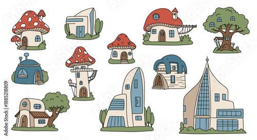 Whimsical collection of hand-drawn fantasy and fairytale houses including mushroom homes treehouses and modern architectural styles.