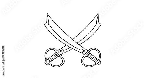Simple black and white line art illustration of two crossed pirate cutlass swords a symbol of adventure buccaneers and conflict.