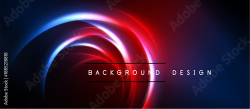 Abstract neon lights form swirling shapes. Red, blue hues dominate dark background. Text reads background design. Modern, vibrant visual.