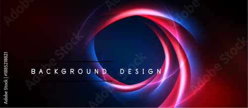 Abstract neon circles overlap dark background. Vibrant red, blue hues create dynamic visual effect. Modern design element.