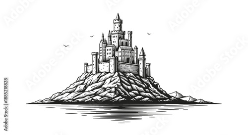 Intricate black and white engraving of a medieval fantasy castle perched atop a rocky island surrounded by water and birds.