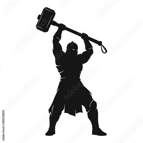 Powerful muscular warrior silhouette wielding a massive war hammer preparing for a mighty crushing strike on white background