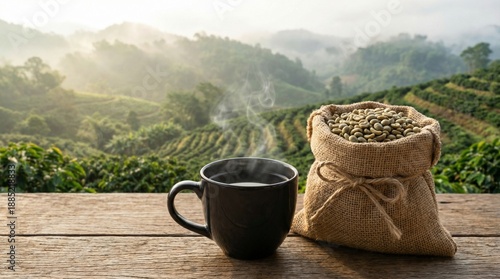 Steaming black coffee cup sits beside raw green coffee beans overlooking misty plantation