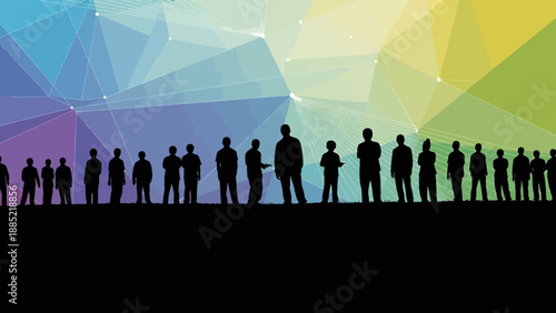 Diverse group of people silhouettes standing together against a colorful abstract background.