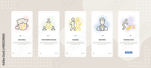 onboarding screen template for people mobile app ui with kiss smile, team work success, hugging, bestman, feeding a dog icons.