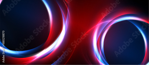 Abstract design features vibrant red, blue glows. Circular shapes overlap creating dynamic visual effect. Dark background emphasizes luminosity.