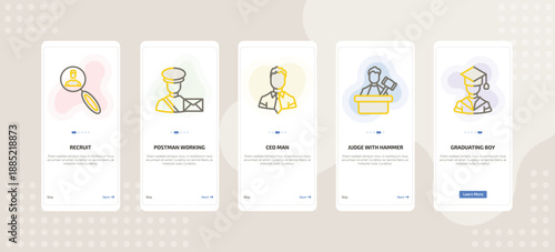 onboarding screen template for people mobile app ui with recruit, postman working, ceo man, judge with hammer, graduating boy icons.