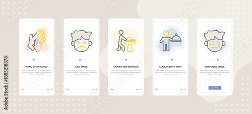 onboarding screen template for people mobile app ui with hand of an adult, sad smile, carpenter working, cooker with tray, confused smile icons.