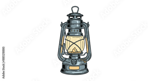 Detailed vintage illustration of an old-fashioned kerosene lantern or hurricane lamp with a warm glowing light in a retro style.