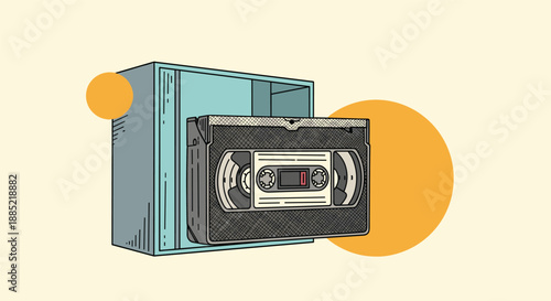 Nostalgic retro-style illustration of a VHS video cassette tape emerging from its case against a background with abstract shapes.