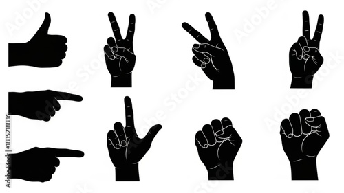 Collection of Hand Gestures Silhouettes on White Background.