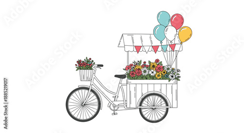 Charming illustration of a flower cart bicycle adorned with colorful flowers festive balloons and a cute decorative banner flag.