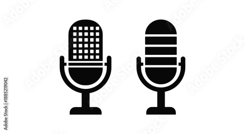 Two simple black silhouette icons of classic retro-style studio microphones for podcasting broadcasting music or recording.