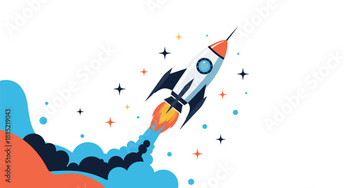 Flat design illustration of a toy rocket launching into space with a trail of smoke and stars representing startup and innovation.