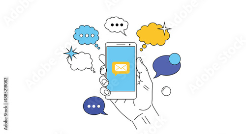 Hand holding a smartphone with an email icon and colorful speech bubbles representing digital communication messaging and social media.