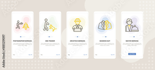 onboarding screen template for people mobile app ui with photographer working, dog trainer, architech working, business suit, waiter working icons.