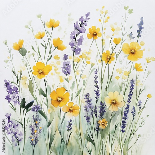 Watercolor wildflowers, yellow, purple, meadow, soft background, home decor