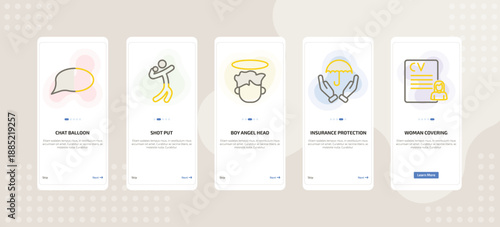 onboarding screen template for people mobile app ui with chat balloon, shot put, boy angel head, insurance protection, woman covering icons.