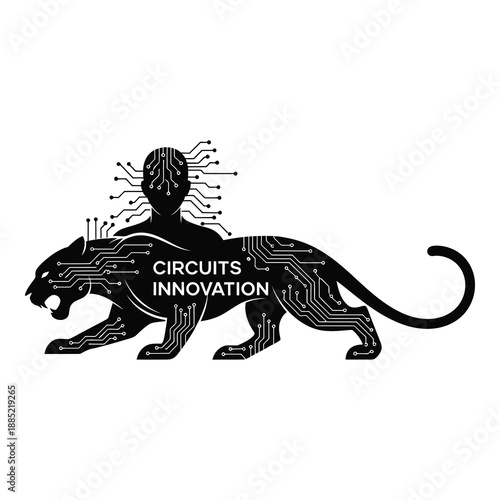 Black silhouette logo design featuring a fierce panther merged with a human head profile and intricate electronic circuit board patterns on white background