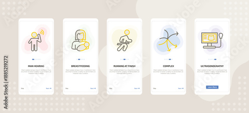onboarding screen template for people mobile app ui with man hearing, breastfeeding, running at finish line, complex, ultrasonography icons.