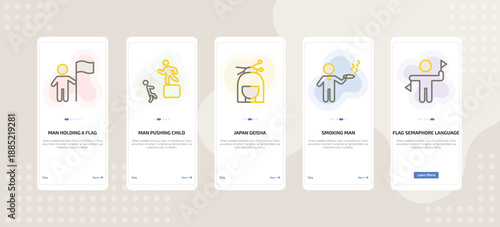 onboarding screen template for people mobile app ui with man holding a flag, man pushing child, japan geisha, smoking man, flag semaphore language icons.