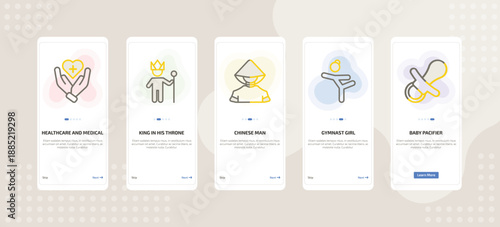 onboarding screen template for people mobile app ui with healthcare and medical, king in his throne, chinese man, gymnast girl, baby pacifier icons.