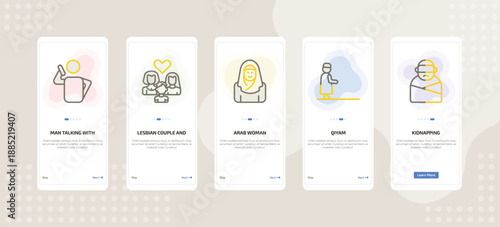 onboarding screen template for people mobile app ui with man talking with phone, lesbian couple and son, arab woman, qiyam, kidnapping icons.