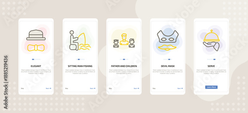 onboarding screen template for people mobile app ui with elegant, sitting man fishing, father and children, devil mask, serve icons.